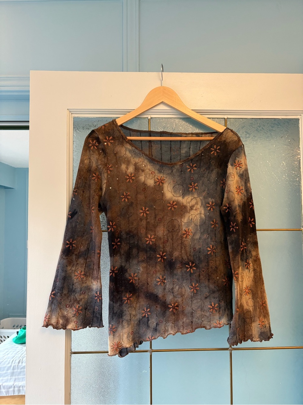 Vintage Blue and Brown Tie-Dye Floral Mesh Long Sleeve Top